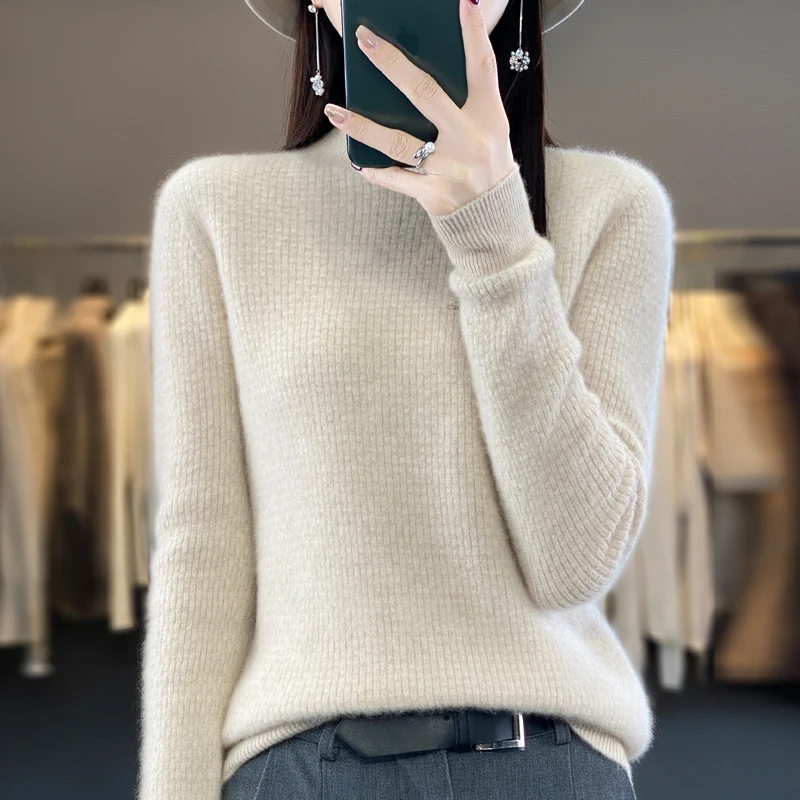 New women's sweaters in autumn and winter cashmere knitting 100% pure merino sweater long sleeve semi-turtle neck.