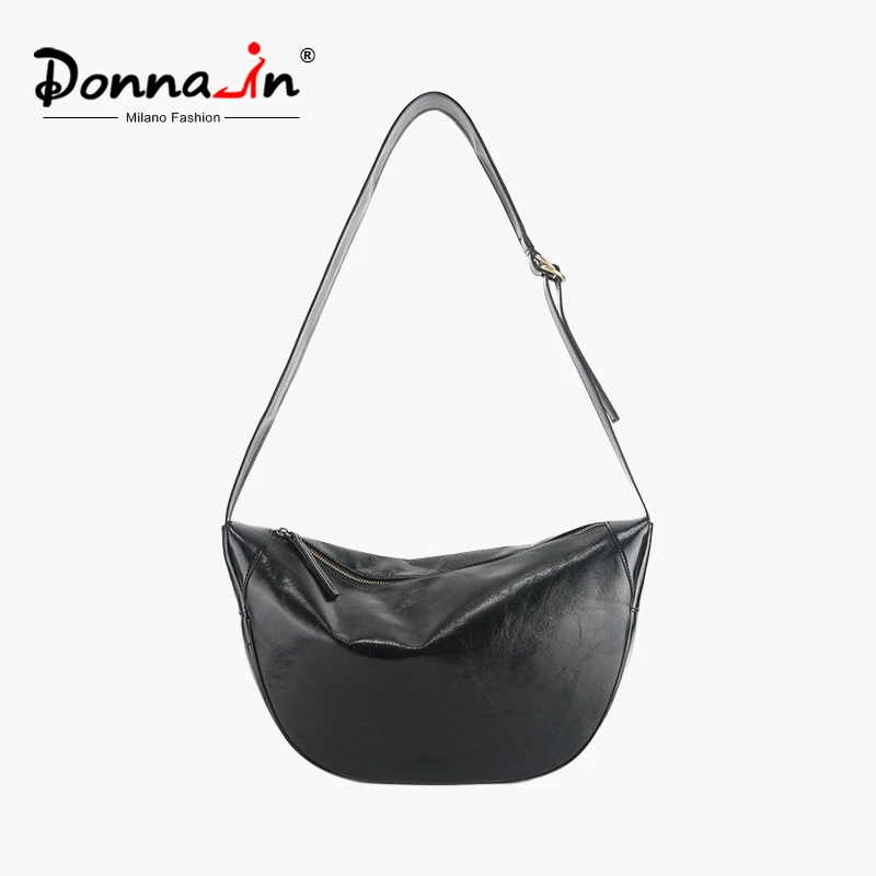 

Donna-in Natural Cow Leather Women Hobo Bag Genuine Oil Wax Cowhide Burgundy Crescent Shoulder Cross-body Tote