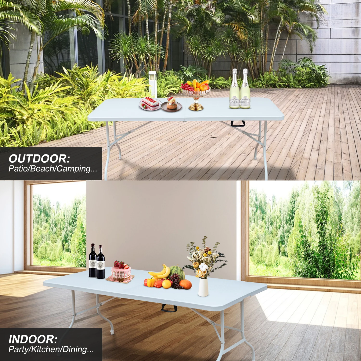 

6ft Folding Table, Portable Plastic Table for Camping, Picnics, Parties, High Load Bearing Foldable Table White