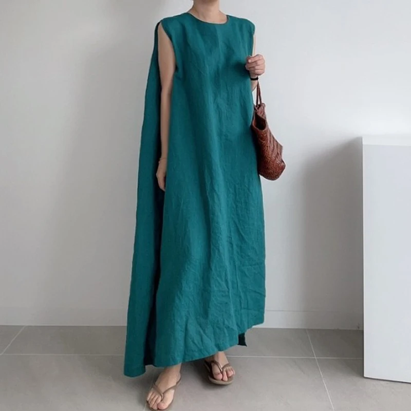 Johnature Sleeveless Women Dress 2024 Summer New Casual Korean Solid Color Loose O-neck 4 Colors Simple Female Dresses