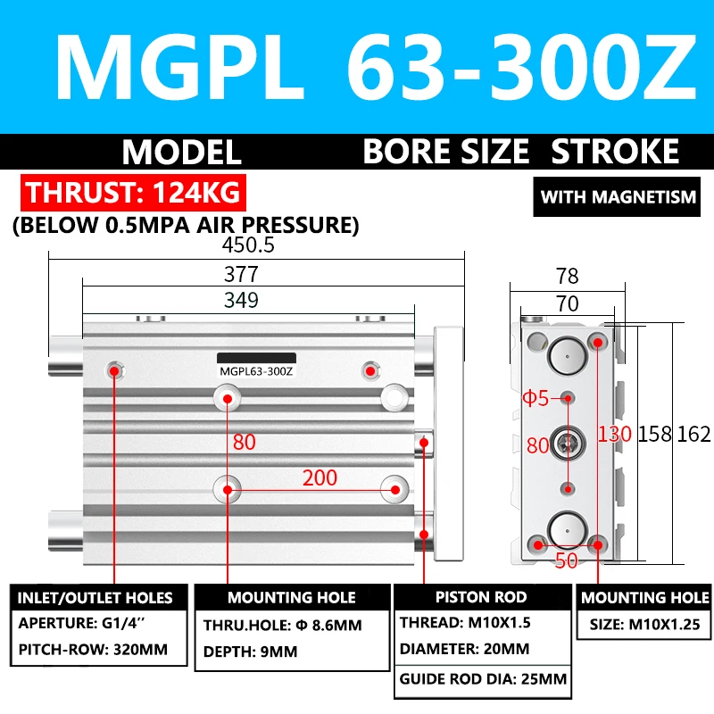 ABILKEEN MGPL63-300Z Pneumatic Compact Guide Air Cylinder 63MM Bore X 300MM Stroke Three Axis Three Rod Pneumatic Air Cylinder
