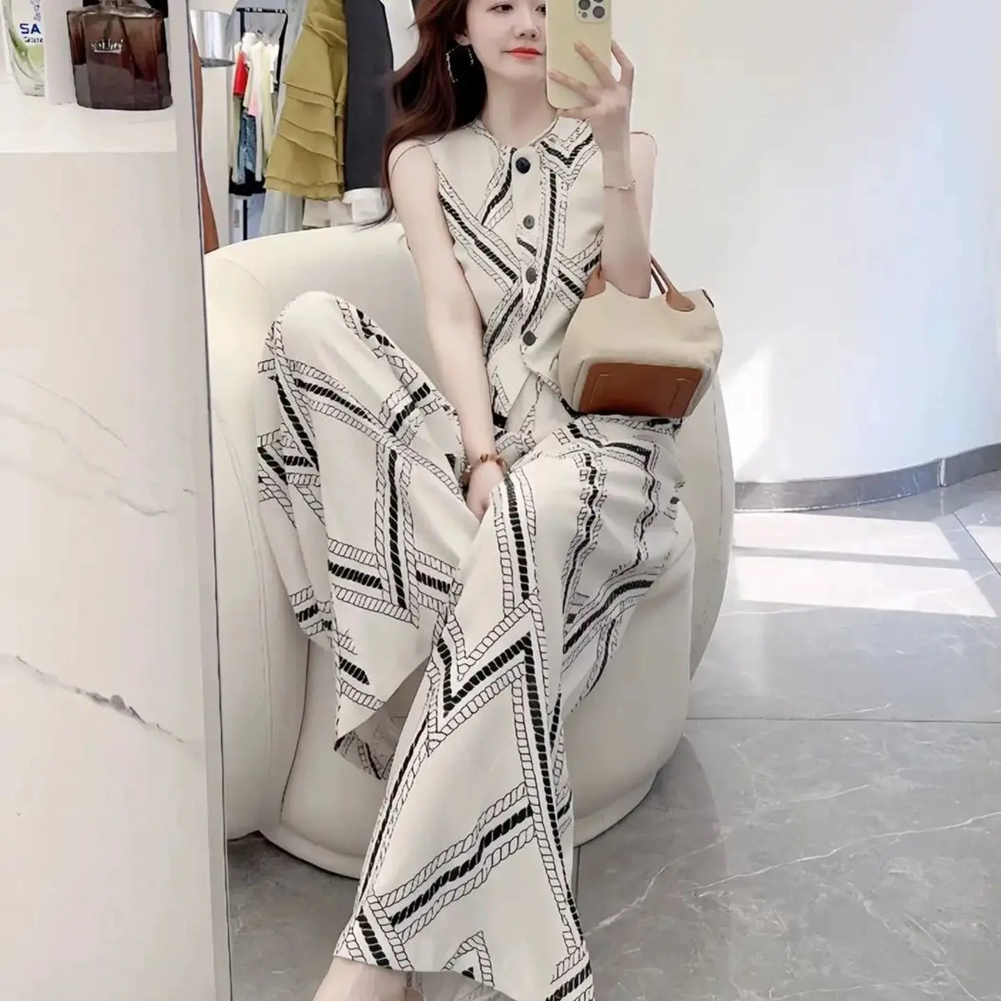 

Новый комплект из двух предметов для женщин, элитная модная летняя рубашка без рукавов с принтом и круглым вырезом, жилет + широкие брюки, элегантный костюм OL