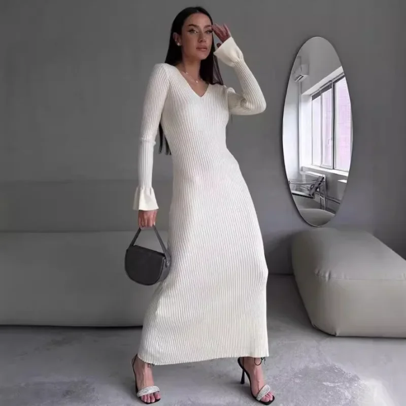 

Autumn Winter Sweater Dress Women Elegant Solid Slim Long Sleeve Knitted Dresses Casual Basic V-neck Warm Maxi Party Dress 2024