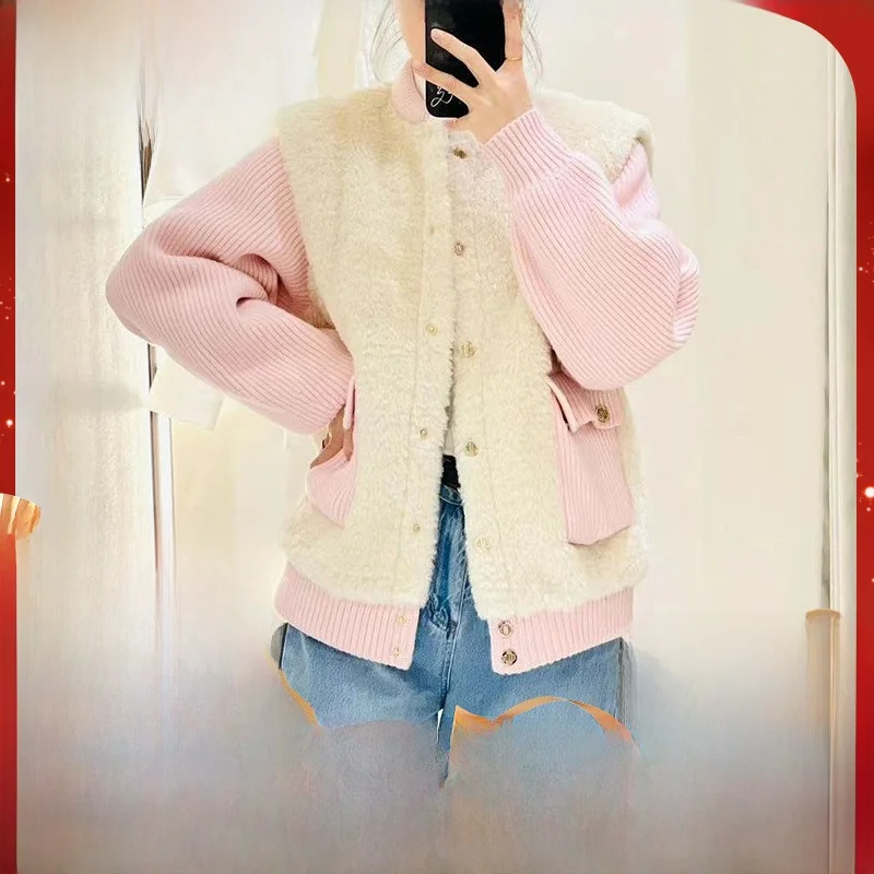 M Home 2023 otoño nueva mujer Faion Anti-piel de cordero tejido largo Sve empalme prendas de vestir exteriores rosas Ele Sle Color puro