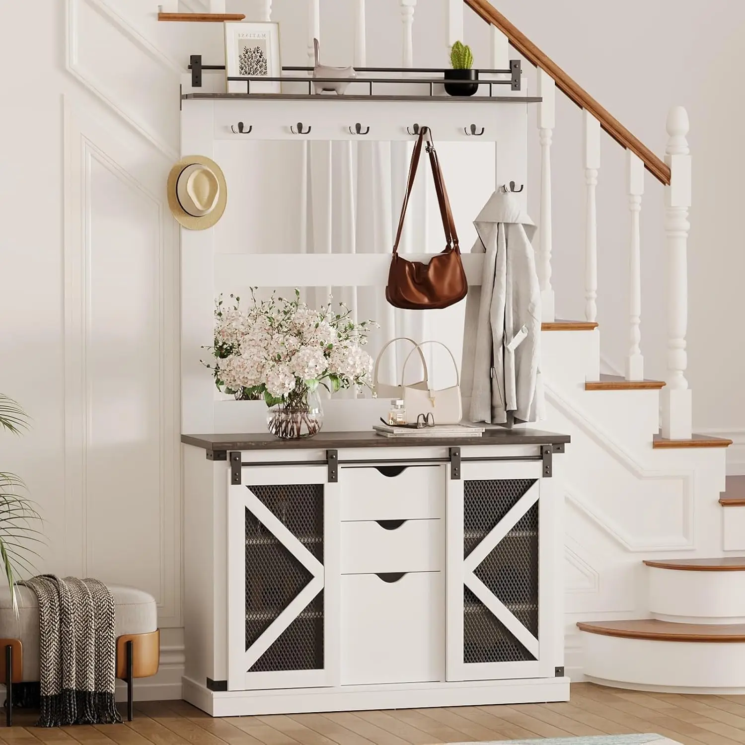 Hall Tree with 2 Mirrors, 3 Drawers & Shoe Storage Bench, Multifunctional Entryway Furniture with 7 Hooks and Ventilated Cubbies
