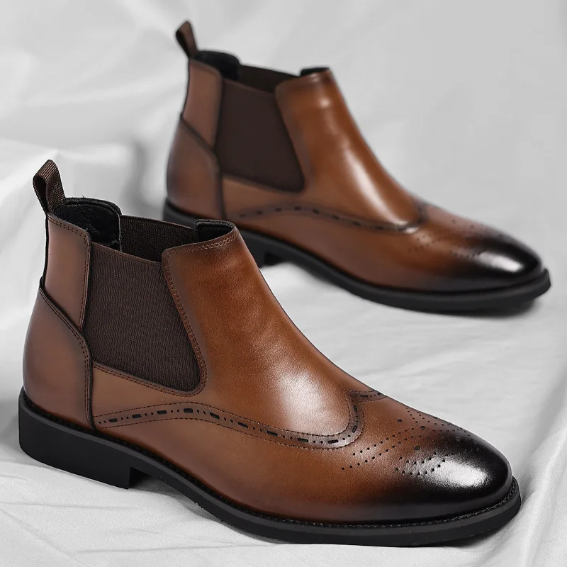 

Men's leather shoes, British retro ankle boots with fleece boots, business casual high-top boots
