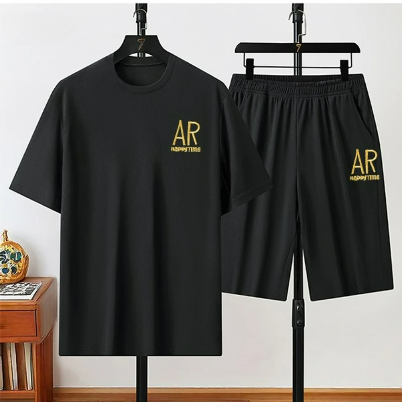 

2026 Summer Short-Sleeved T-Shirt 2 Piece Set for Man 2 Piece Outfit Set Mens Tracksuit Ice Silk Quick-Dry Sportswear Set