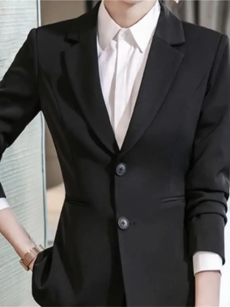 سترة نسائية أنيقة سوداء ضيقة بأسلوب مهني للربيع والخريف، ضرورية للتنقل اليومي، متعددة الاستخدامات بزر واحد وأكمام طويلة #1