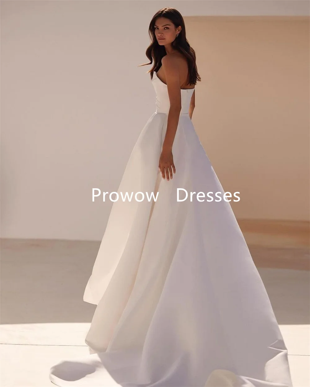 Prowow simples plissados sem alças vestidos de casamento até o chão fenda lateral vestidos de noiva sem mangas zip voltar cetim personalizado