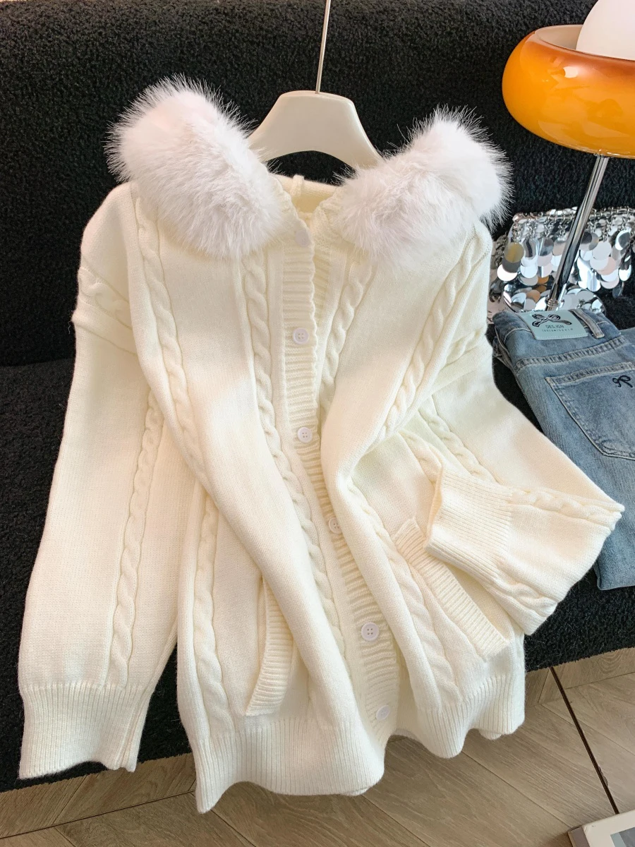 

2025 New White Knitted Sweater Coat Women's High-End Feel Fur Collar Hooded Open Cardigan Sweet Sle Loose Fit Warmth