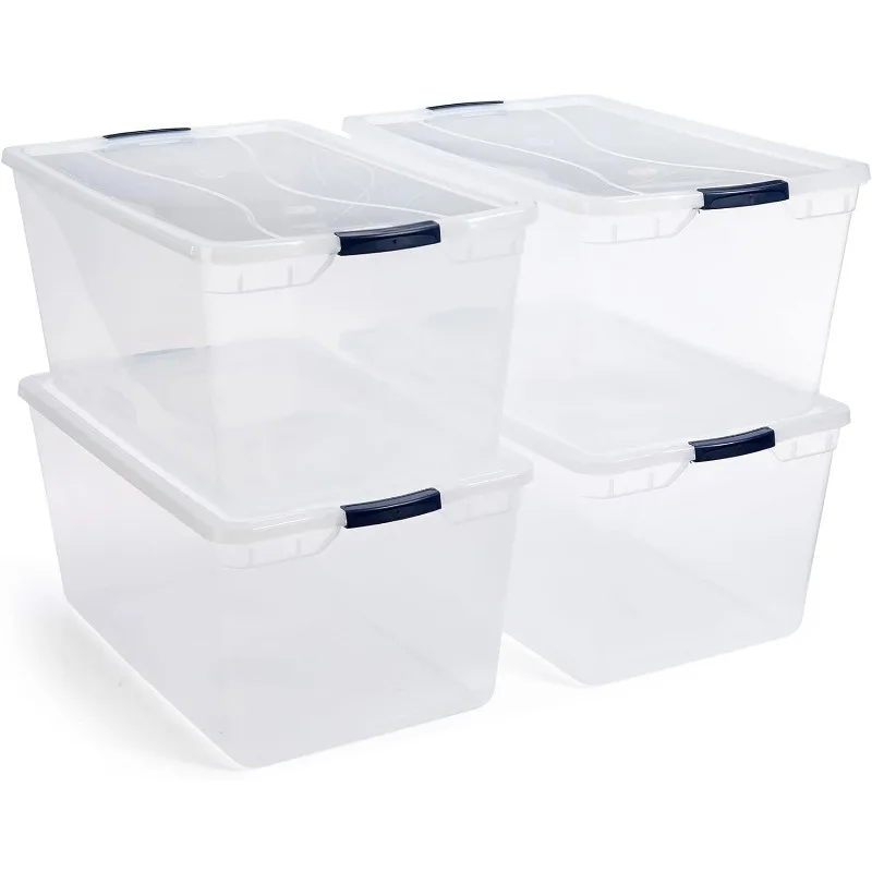 Cleverstore Clear 95 Qt, 4-Pack, Made in USA, Stackable Large Clear Storage Bins with Lids, See-Through Plastic Stora