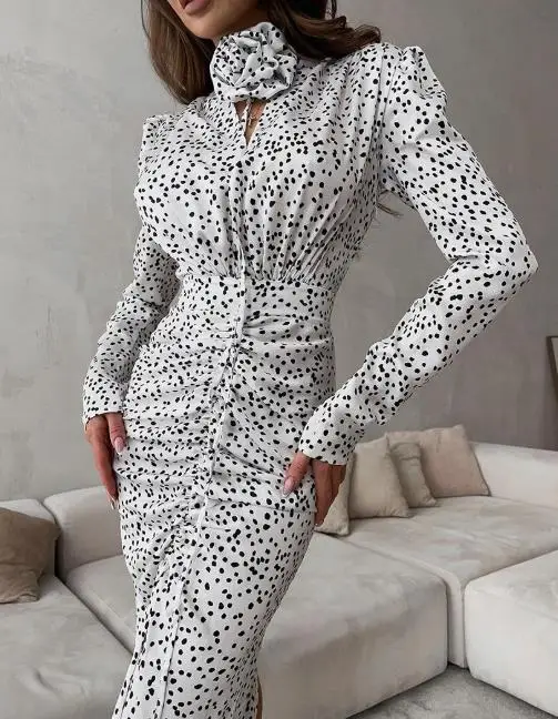 

2025 New Fashionable and Sexy V-Neck Bubble Sleeve Polka Dot Flower Slit Dress