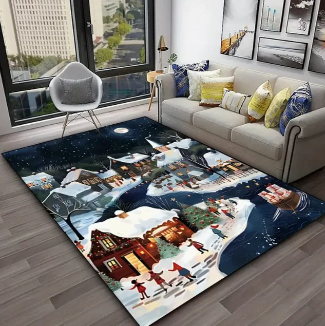 Rustic Christmas Village Snow Scene Area Rug Christmas Decoration Floor Mat Living Room Bedroom Kitchen Room Stylish Home Decor