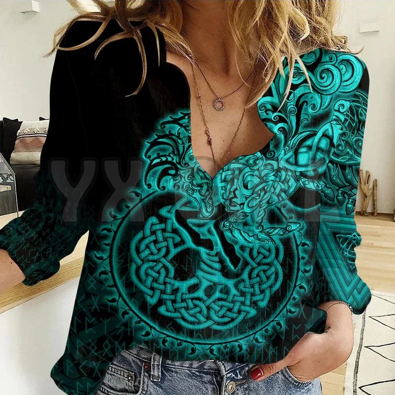 Sleipnir Special Blue Viking Women Casual Shirt 3D Printed Button-down Shirt Casual Unique Streewear