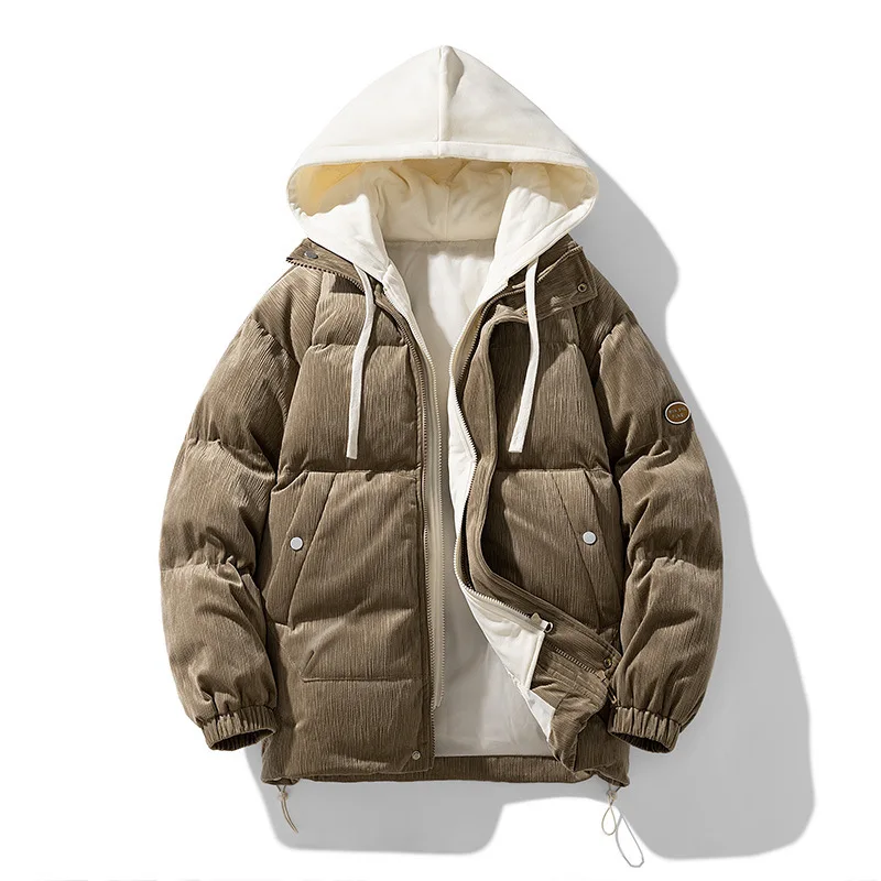 الخريف الشتاء رجل أسفل سترة رشاقته الدافئة التباين اللون الذكور معطف مقنع طويلة الأكمام يندبروف الرجال وهمية قطعتين ملابس خارجية #5