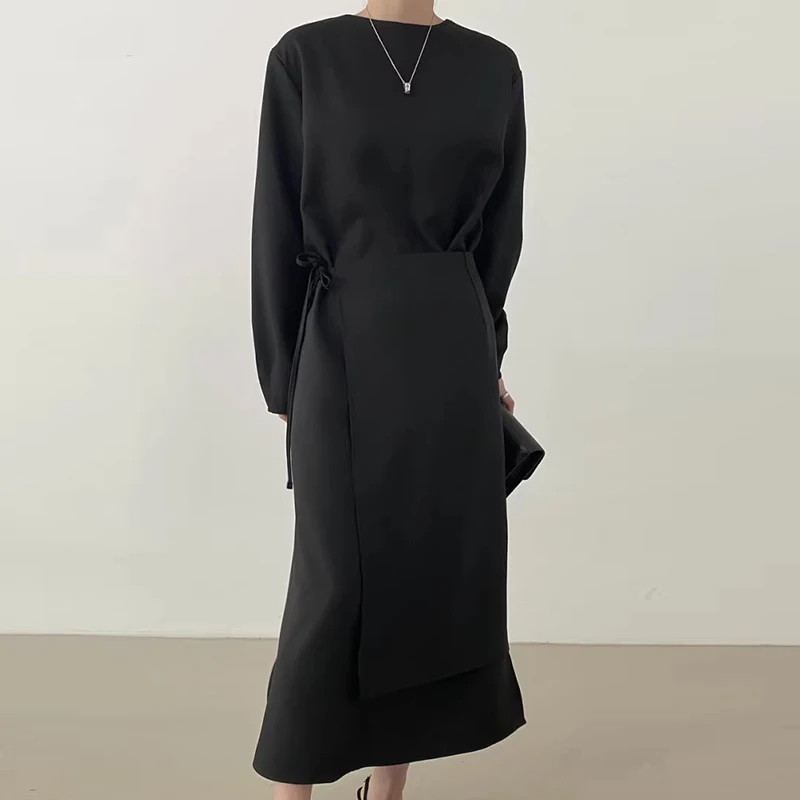 Korea Chic Autumn Simple and Relaxed Casual Long-sleeved Dress+lace-up Skirt 2025 Autumn Two-piece Suit