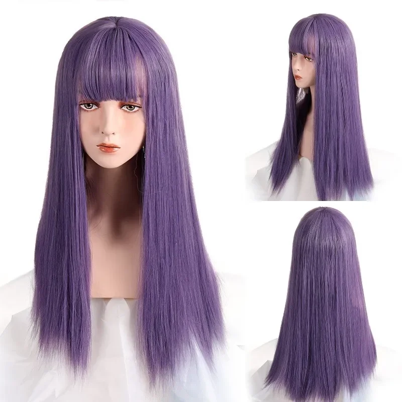 VICWIG Light Blue Yellow Purple Long Cosplay Wig With Bangs Synthetic Straight Hair Heat-resistant Rose Net Wigs For Women