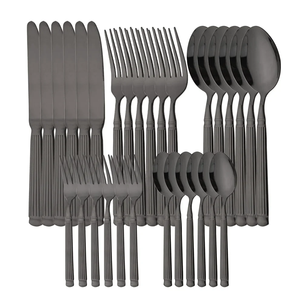 30Pcs Stainless Steel Flatware Cutlery Black Vintage Tableware Set Elegant Dinnerware Mirror Knife Spoon Cake Fork Set