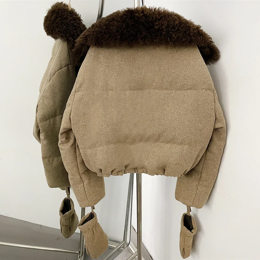 OFTBUY Winter Warmer Kurzer Puffer-Mantel mit Passenden Handschuhen, Wollmischung Daunenjacke mit Echtem Lammfell für Damen – Detail 17