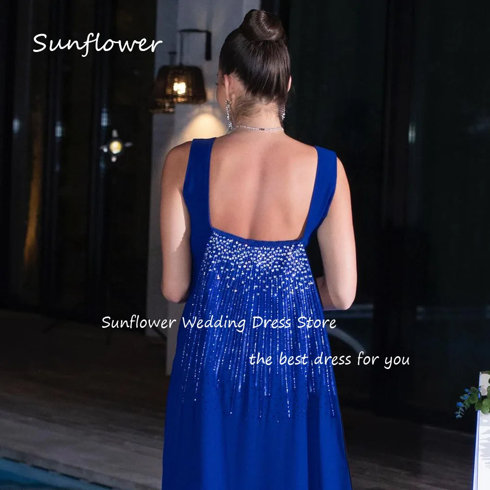 Sunflower Simple Blue O-Neck Crepe Mermaid Prom dress 2024 Slim Beading Long Cope Floor-Length Formal Evening Dress