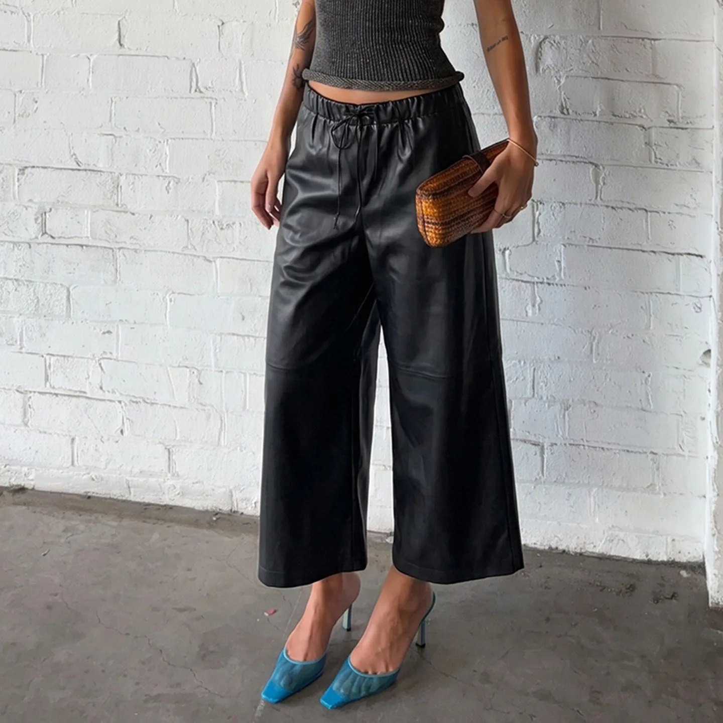 Lace-up Elastic Waist Pu Leather Cropped Pants Spice Girl Low Waist Loose Wide Leg Punk Casual Leather Pants