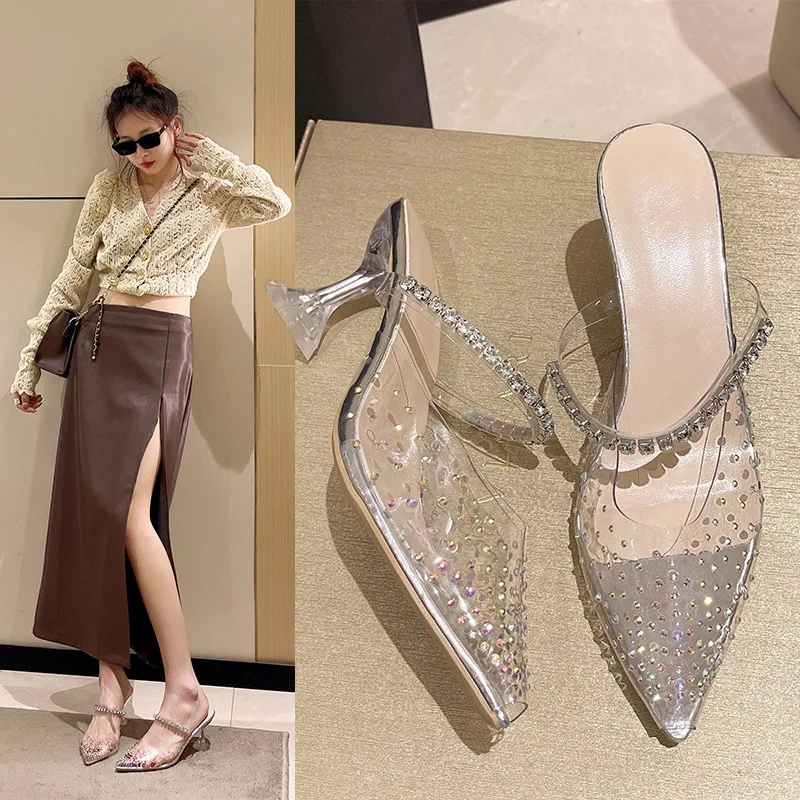 

Summer Transparent Sexy Pointed Toe Women Sandals Fashion Rhinestones High Heels One Word Belt Party Women Shoes Zapatos Mujer