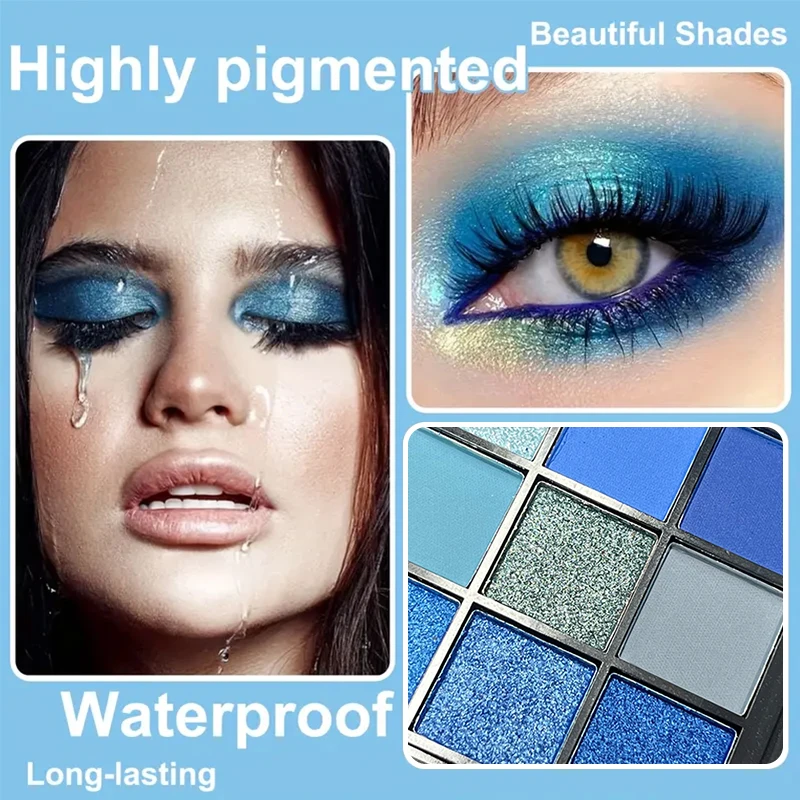豪華なブルー9色アイシャドウパレット - ベルベットマットとシマーエフェクト、耐久性のある防水性、長持ちするスモーキーアイメイク