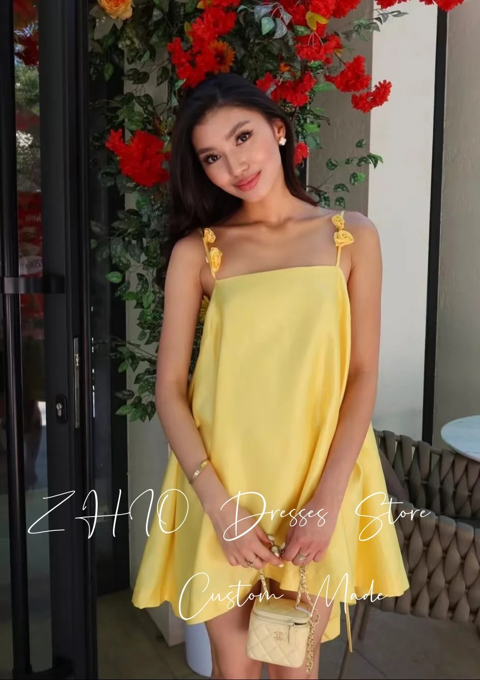 ZHIO Elegant Yellow 3D Flowers Spaghetti Strap Birthday Party Dress A-Line Satin Draped Special Occasion Short Dresses Custom
