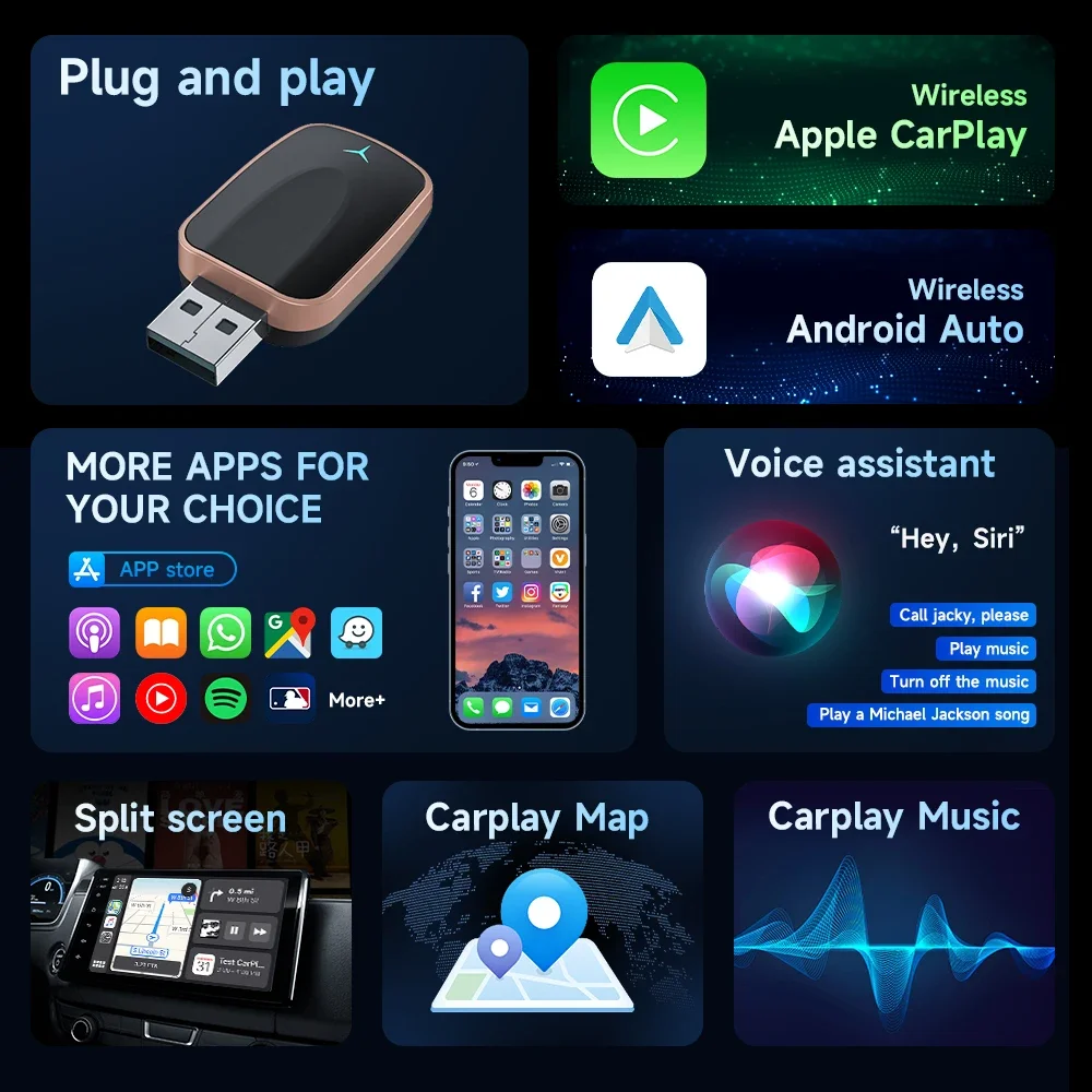 НОВЫЙ беспроводной адаптер CarPlay Android Auto, проводной и беспроводной 2 в 1, мини-автомобильный адаптер Ai Box Plug and Play, подходит для преобразования оригинала