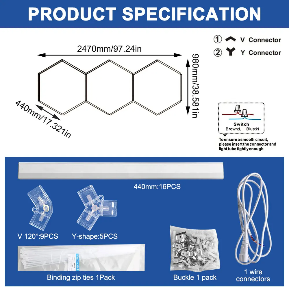 صف من 3/5 مصابيح سقف LED سداسية على شكل قرص العسل 6500K110V-240V مناسبة للمراجات وصالونات الشعر وصالات الصالات الرياضية وورش العمل 4S #4