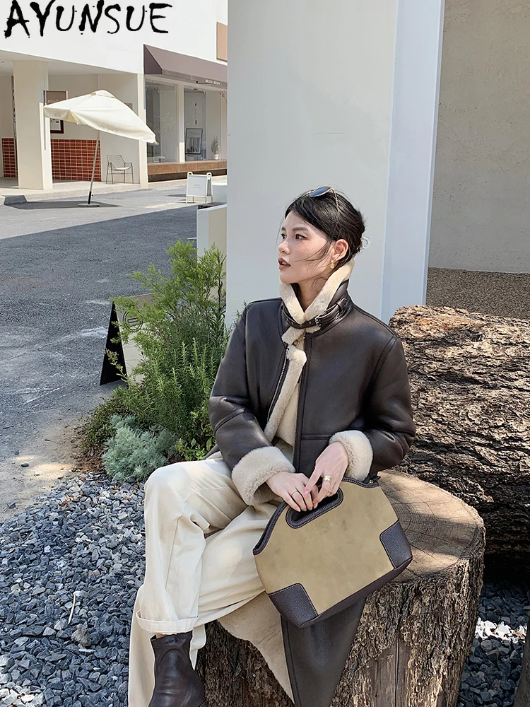 معطف فرو الأغنام ميرينو الطبيعي من AYUNSUE سترة نسائية من الجلد الطبيعي 2025 معاطف نسائية دافئة ملابس شتوية متوسطة الطول شوبانا Жеenca #2