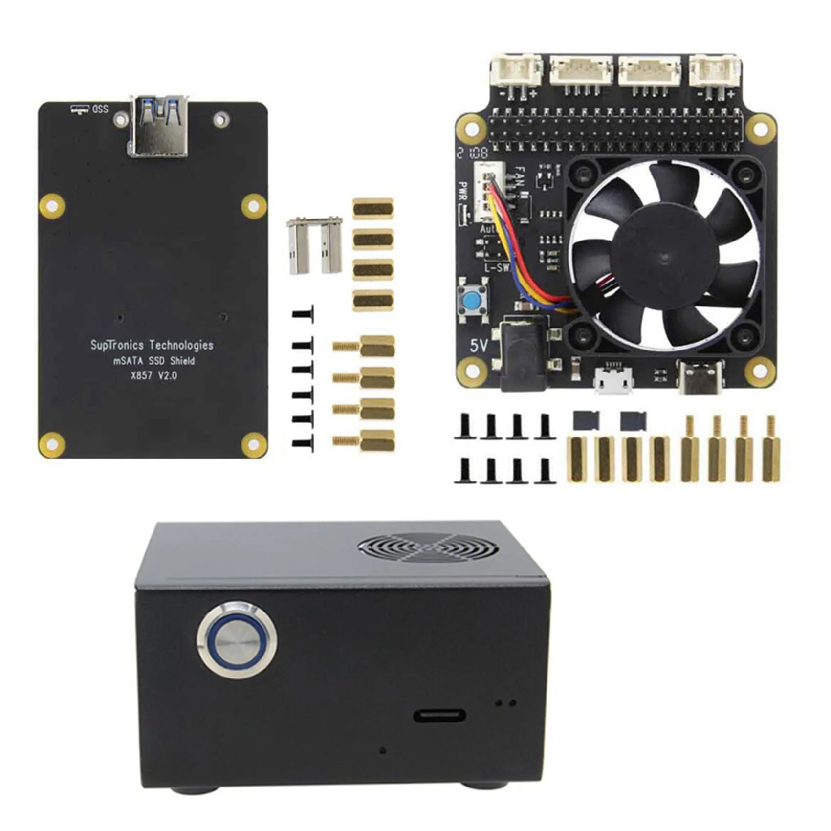 

X857 V2.0 MSATA SSD Expansion Board+X735 V2.5 Power Management&PWM Cooling Fan Board with Metal Case for Raspberry Pi 4B