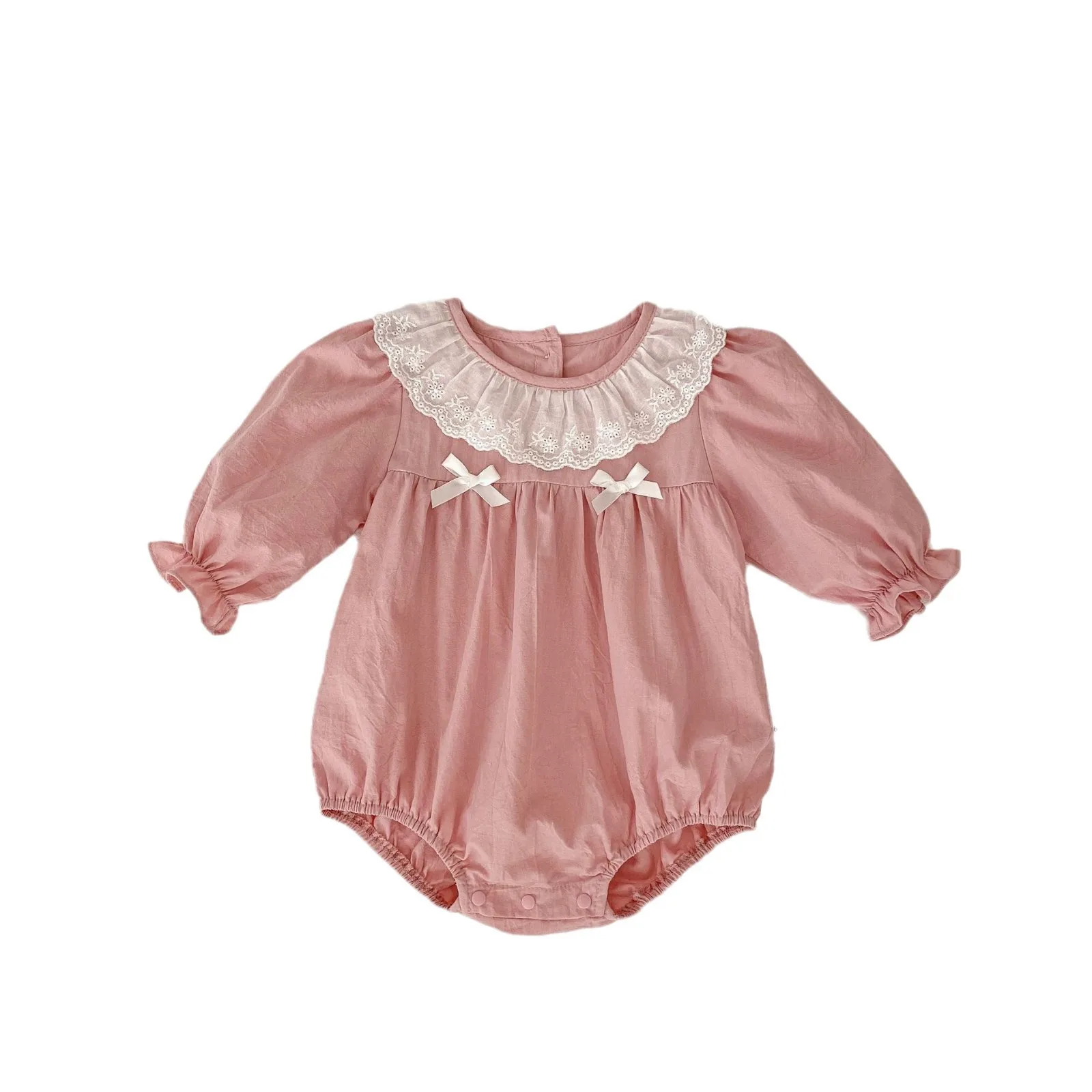 2025 primavera nuevo bebé niña lindo cuello de encaje mono con lazo sólido infantil niño mono de algodón de manga larga ropa para recién nacidos 0-24M