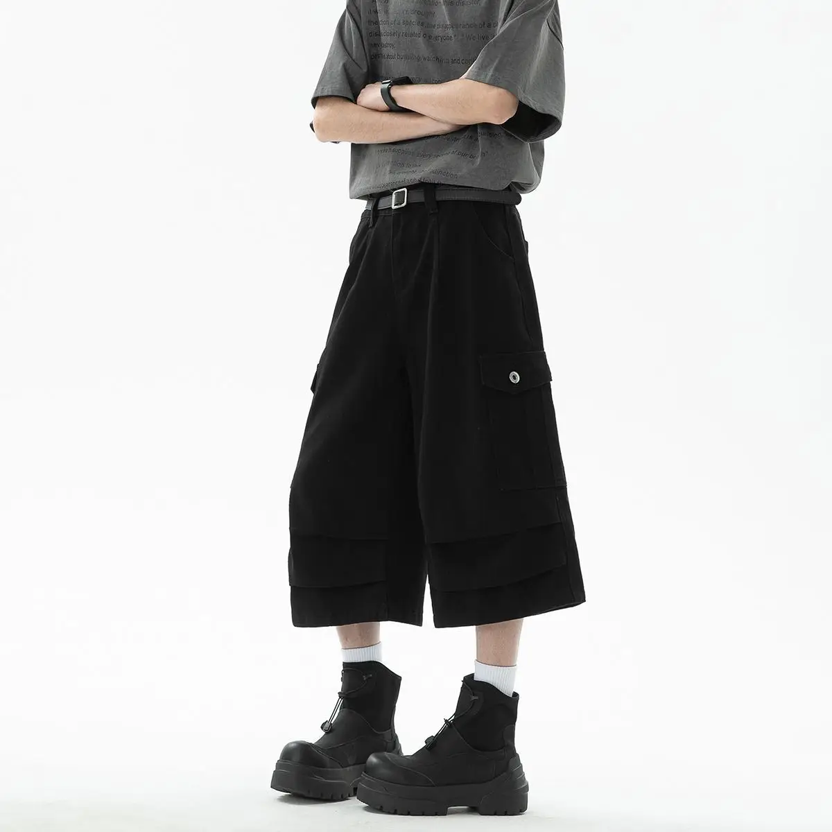 Washed Tooling Cropped Pants Men's 2026 Summer Wide-leg Trend Loose Straight Knee Shorts