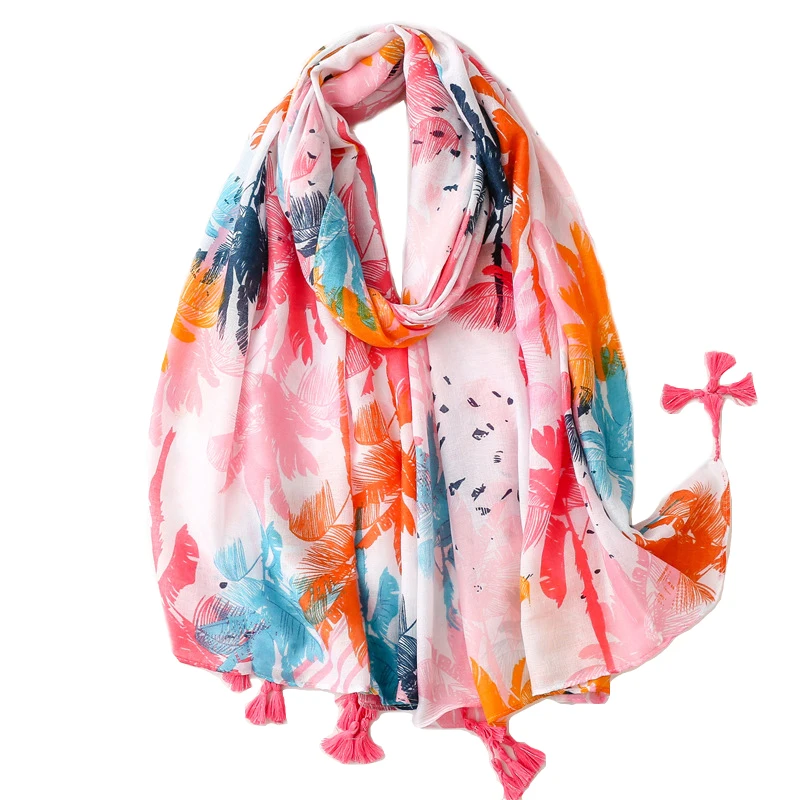 2022 New Cotton Ombre Tree Print Tassel Scarf Shawls Long Coconut Tree Pattern Beach Wrap Hijab Scarves Free Shipping