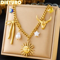 DIEYURO 316L Stainless Steel Golden Bow Cow Head Sun Pendant Necklace For Women New Personality Fashion Neck Chain Jewelry Gift