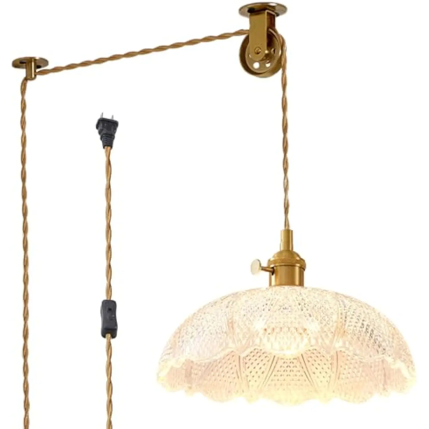 

Hanging Lamp Plug In, Golden Adjustable Light Cord Plug in Pendant Light 9.8 Inch Glass Lampshade Hanging Ceiling Light Kitchen