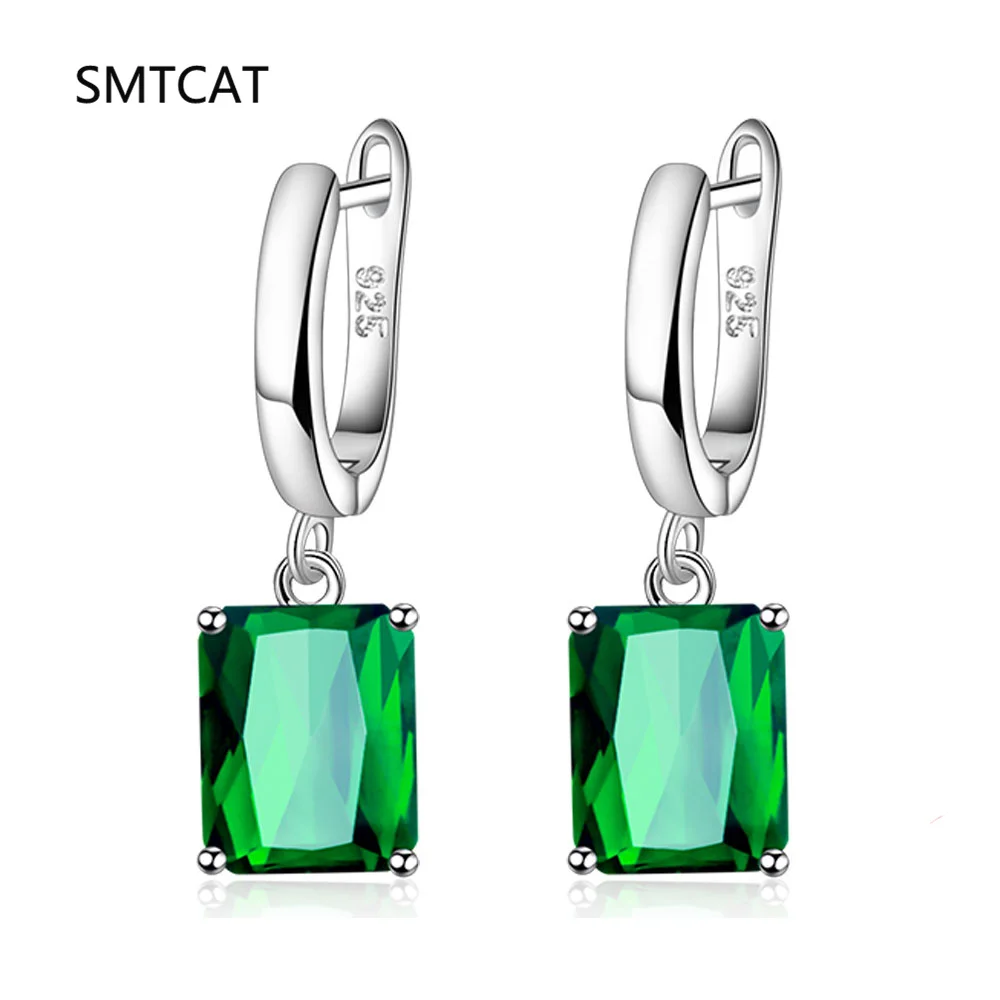 Emerald Cut Green Simulated Nano Emerald 925 Sterling Silver Geometric Rectangle Dangle Drop Earring for Women Gemstone Jewelry