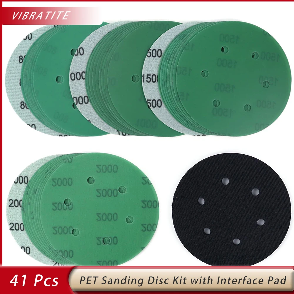 

41 Pcs 6 Inch Hook and Loop Wet Dry Sanding Discs 6 Holes Assortment Long-Lasting Sanding Paper with Interface Pad for Metal Gla