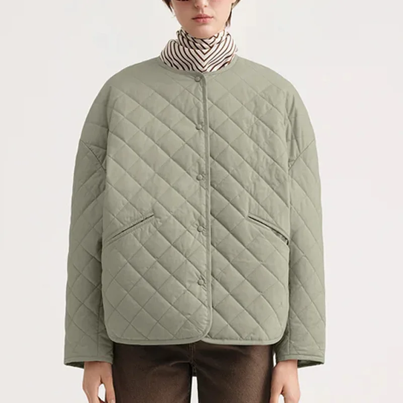 

2023 Autumn and Winter New Diamond-shaped Plaid Jacket Loose Long-sleeved Jacket Female Green Coat