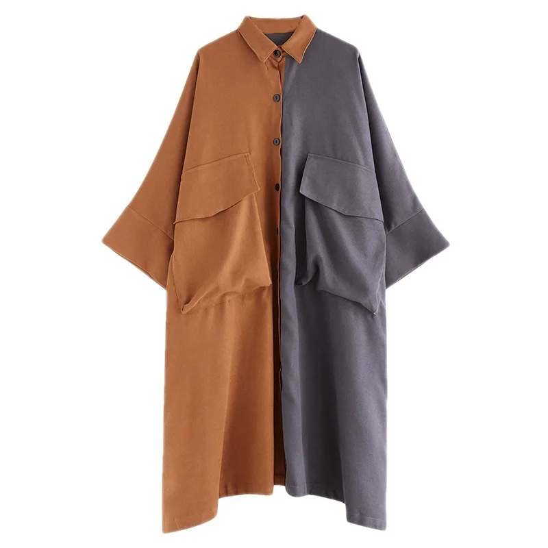 HUISONG فستان قميص ميدي نسائي برتقالي بجيوب كبيرة الحجم مع طية صدر السترة وأكمام طويلة موضة المد ربيع الخريف 2025 6nw3ra