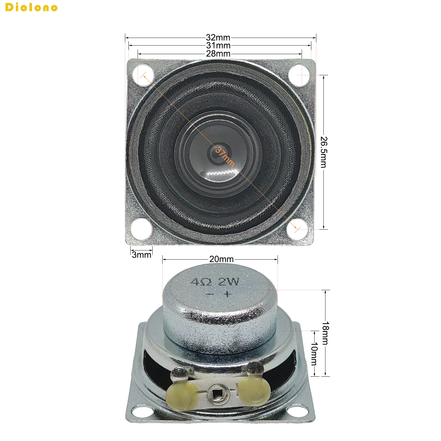 2pcs 4 Ohm 2W 32MM Square Speaker Acoustic Loudspeaker 20MM Internal Magnetic 13 Core 18MM Thickness loudspeaker