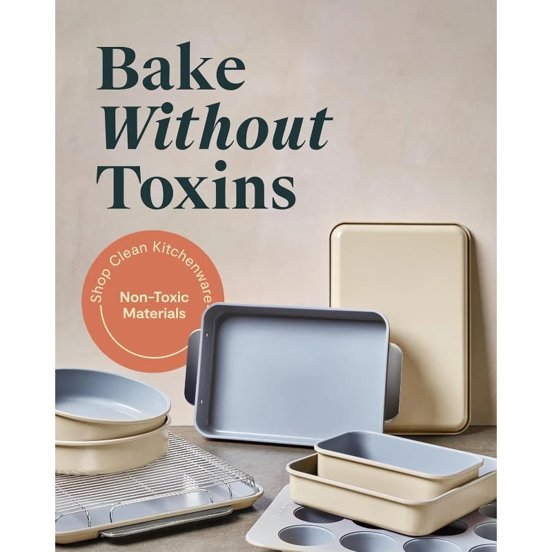 Nonstick Ceramic Bakeware Set (11 Pieces) & Storage - Aluminized Steel Body - Non Toxic, PTFE & PFOA Free - Slate，home.