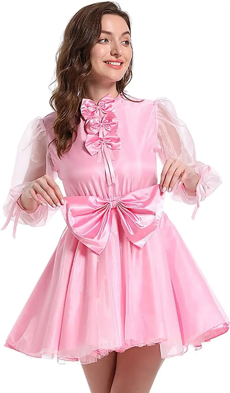 Adult Giant Baby Sexy Girl Pink Thin Silk Sissy Bow Short Skirt Organza Long Sleeve Servant Role Playing Customization