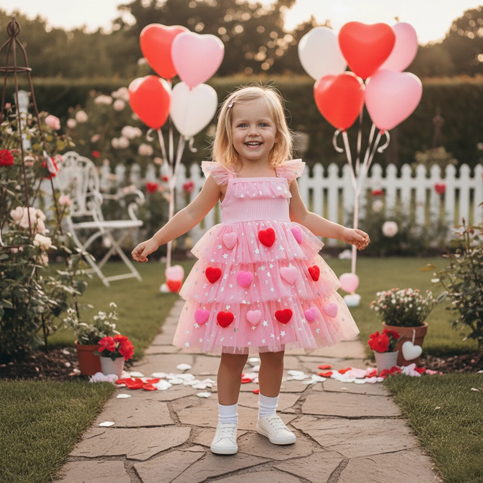 1-6Y Toddler Kids Girls Layered Tulle Mesh Lace Dress Flutter Sleeves Square Neck Heart Appliques Star Party Princess Dress