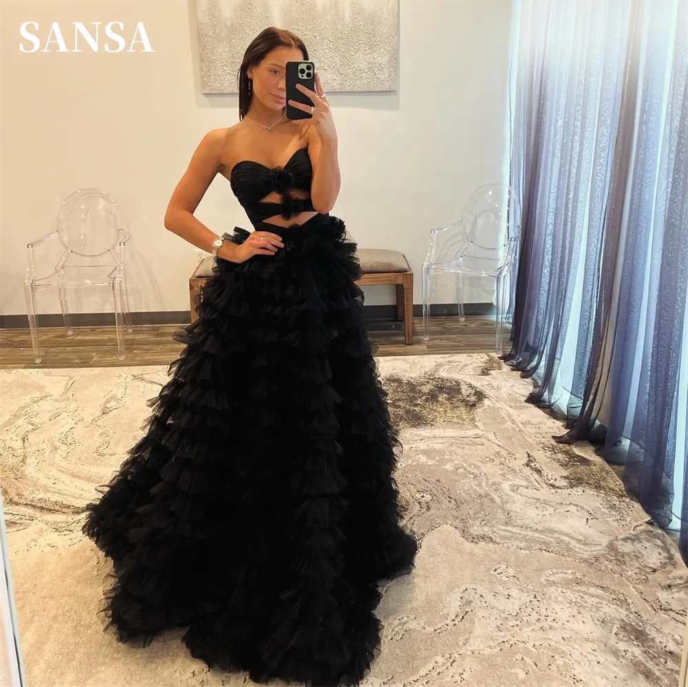 

Sansa Black Multilayer Vestidos De Noche Side High Split فساتين السهرة Hollow Waist Puffy Tulle Sweep Train Prom Dresses