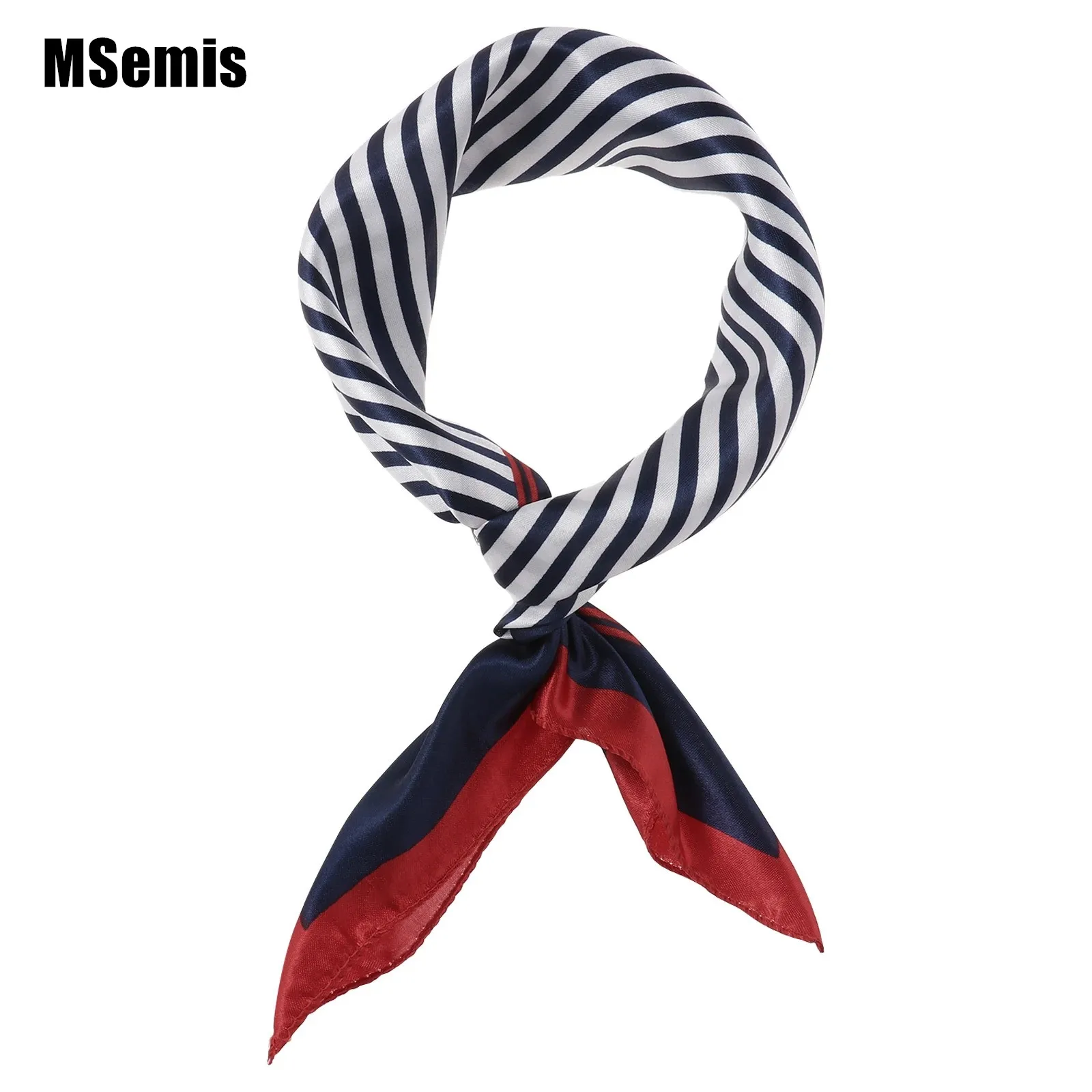 Women Small Square Scarf Sailor Cap Set Stewardess Striped Patchwork Satin Scarf with Carnival Christmas Striped Navy Sailor Cap