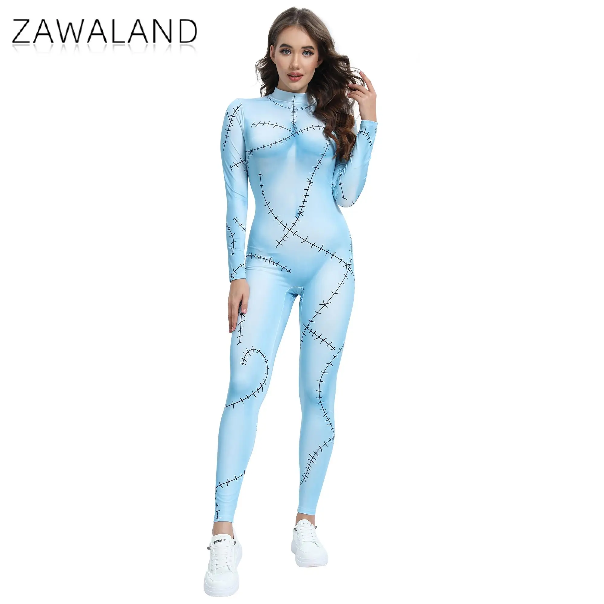 Zawaland Halloween Movie Sally Cosplay Party Horro Costume Women Slim Jumpsuit Catsuit Zentai Gothic Bodysuit