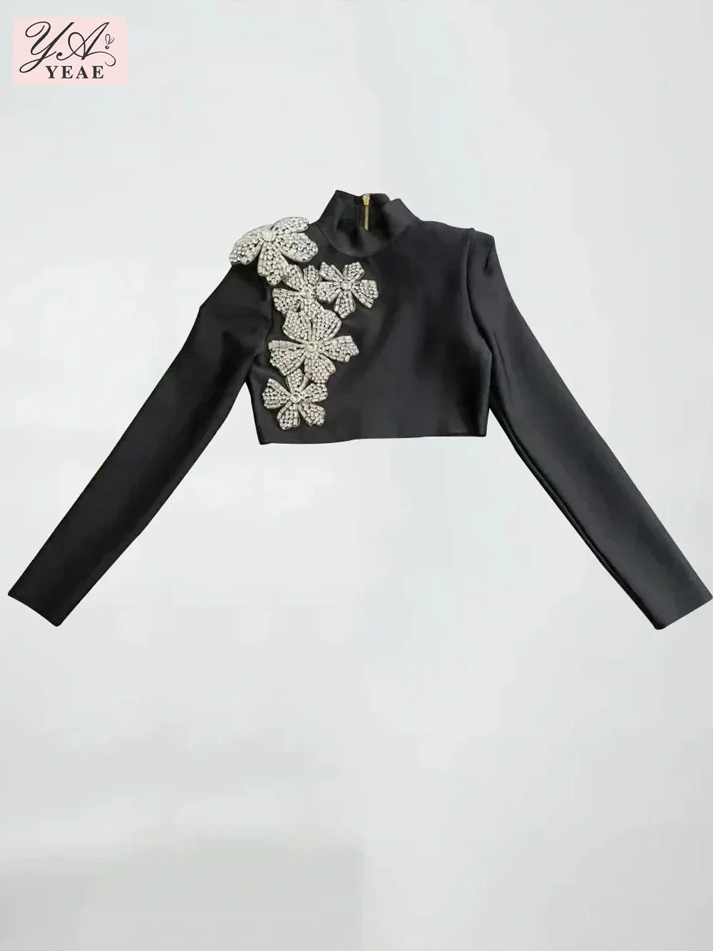 Sexy Long Sleeves Bandage 2-Piece Sets Women Turtleneck Shiny Diamonds Flower Top + Long Skirts Suits Evening Party Set