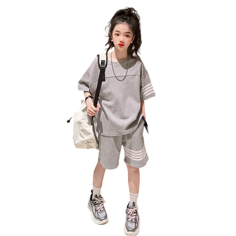 Children\'s Top and Bottom Clothes Set Summer Suit Outfit Simple Solid Color Short Sleeves +loose Pant Casual Sportswear Outdoor